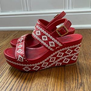 Tory Burch Size 5 Red Embroidered Wedge Heel